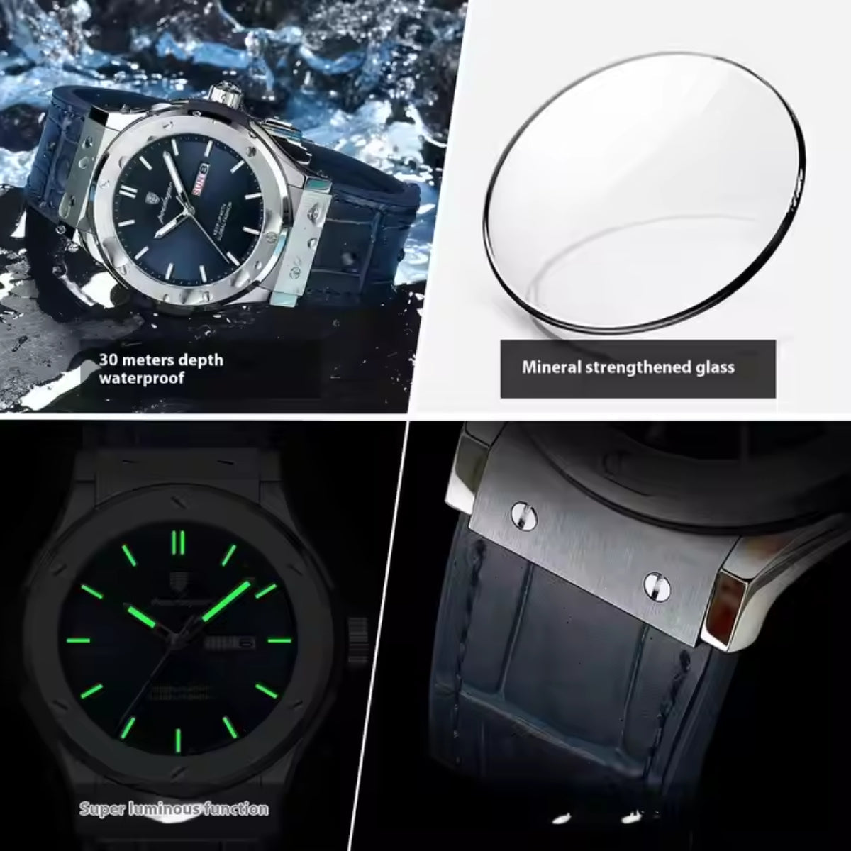 Fashion Quartz Luminous Date Calendar Leather Strap Watches