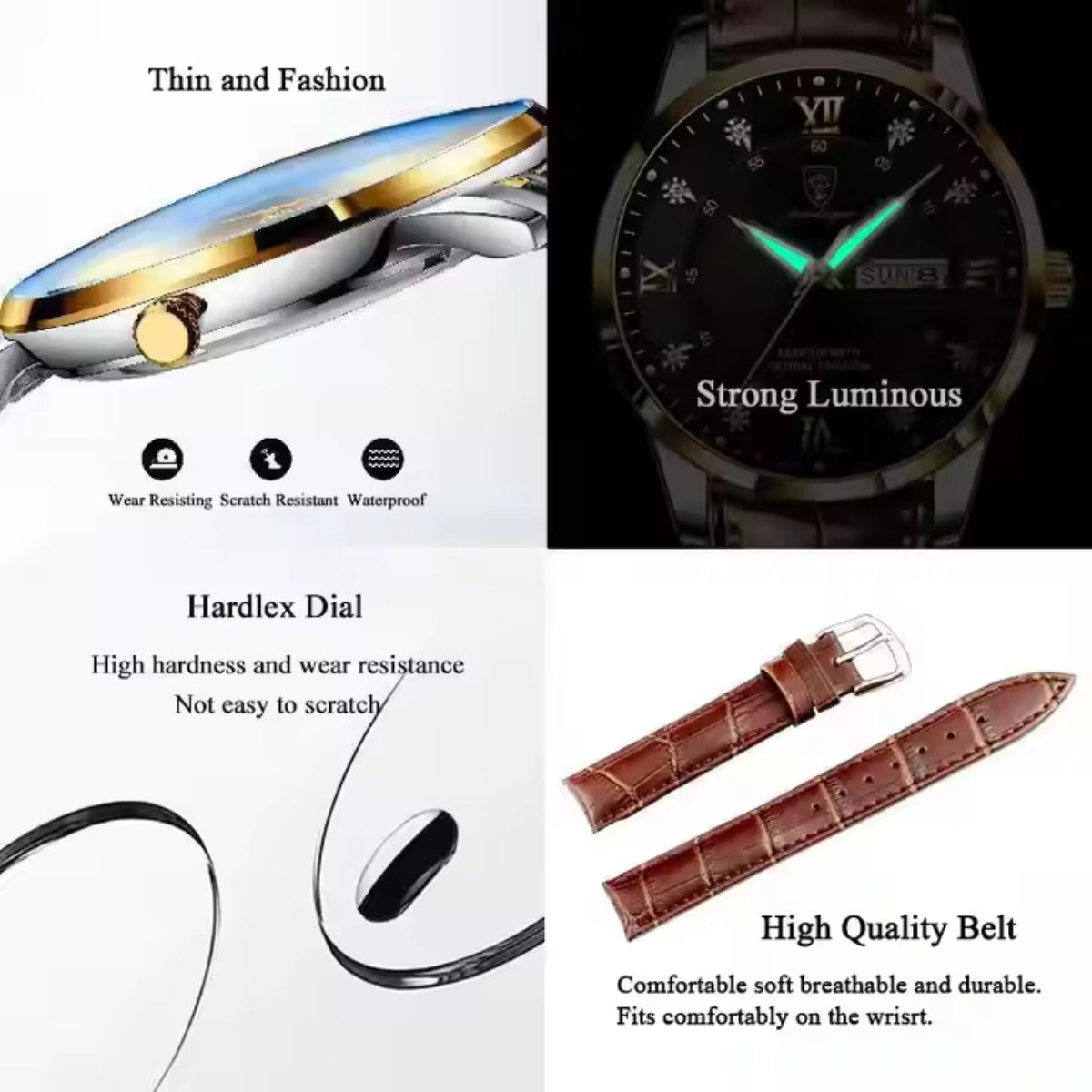 Fashion Business Casual Waterproof Luminous Date Leather Wrist Watches