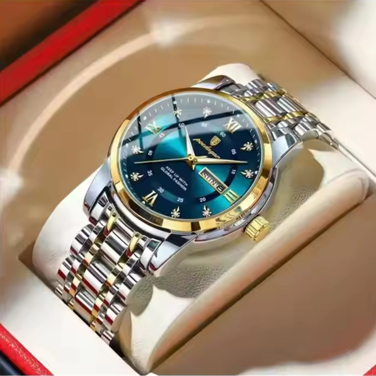 Gold Luxury Quartz Business Stainless Steel Dual Calendar Watches