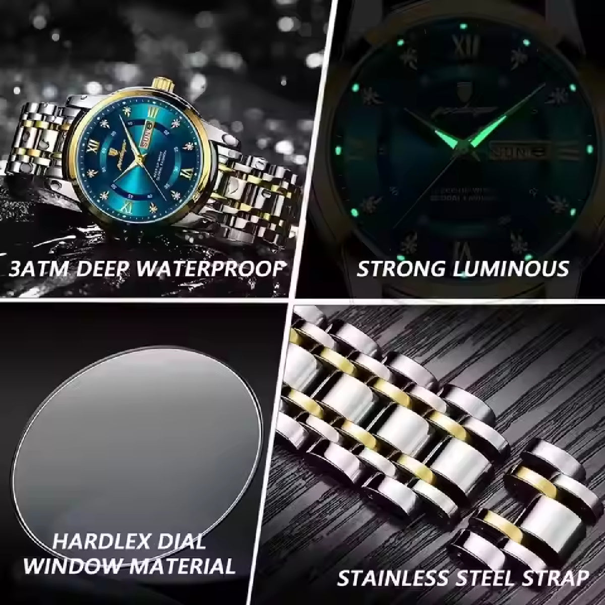 Gold Luxury Quartz Business Stainless Steel Dual Calendar Watches