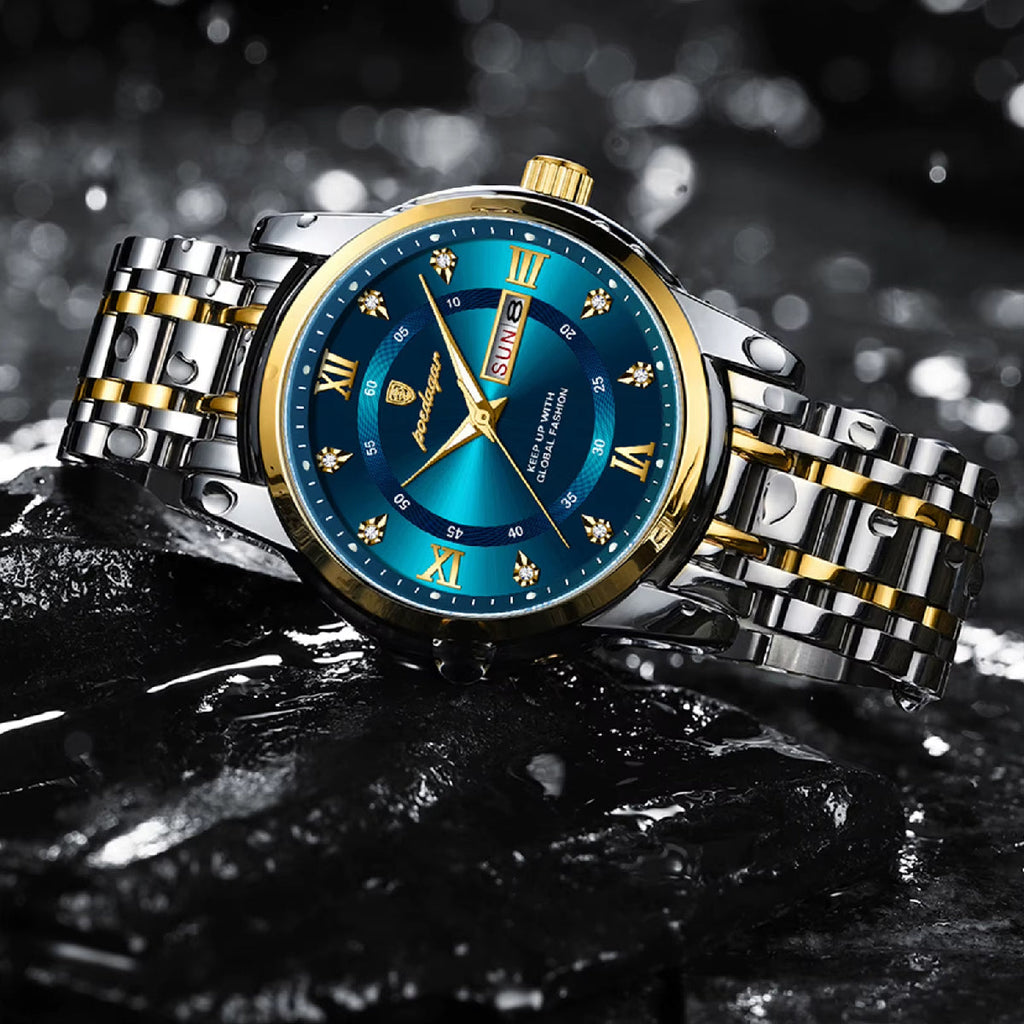 Gold Luxury Quartz Business Stainless Steel Dual Calendar Watches