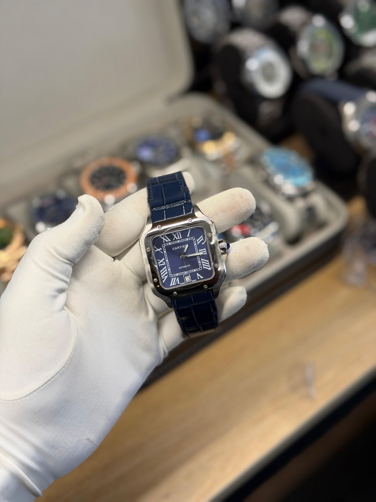 Men's Blue Square Dial Quartz Watch with Leather Strap
